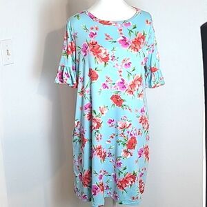 Perfect Peach Shift Dress, Blue with Pink & Red Flowers, Size Large